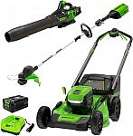 Greenworks 80V 21” Lawn Mower, 13” String Trimmer, and 730 Leaf Blower Combo $599.99