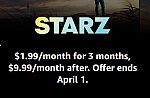 Amazon Prime Members: 3-Mth Starz Streaming Subscription $1.99/Month via Amazon 