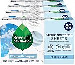 4-Pack Of 80-Sheet Seventh Generation Dryer Sheets Fabric Softener Free & Clear Fragrance $16.22