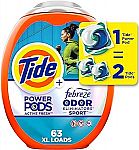 63-Count Tide Power PODS Laundry Detergent Soap Pacs + $22.50 Amazon Credit $26