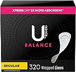 320 Count U by Kotex Balance Wrapped Panty Liners, Regular Length $13.29