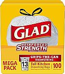 100-Ct Glad Tall Kitchen Drawstring Trash Bags $12.45