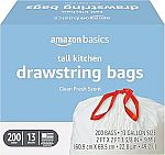 200 Count Amazon Basics Tall Kitchen Drawstring Trash Bags, 13 Gallon $17.69