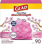 90-Ct 13 Gallon Glad ForceFlex MaxStrength Tall Kitchen Drawstring Trash Bags $11