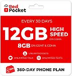 RedPocket Prepaid Plan: 360 day UnIimted Everything, GSMA 12GB (GSMT & CDMA 8GB) $195