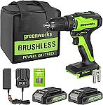 Greenworks 24V Brushless Cordless Drill + 2-Ct 2Ah Batteries + Charger $44
