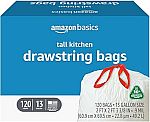 120 Count Amazon Basics Tall Kitchen Drawstring Trash Bags, 13 Gallon $10