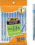 10-pack BIC Round Stic Ball Pens Medium Point (Blue or Red) $1 and more