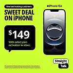 Straight Talk Apple iPhone 16e 5G 128GB $149 + $45/Month (12-Month Minimum)